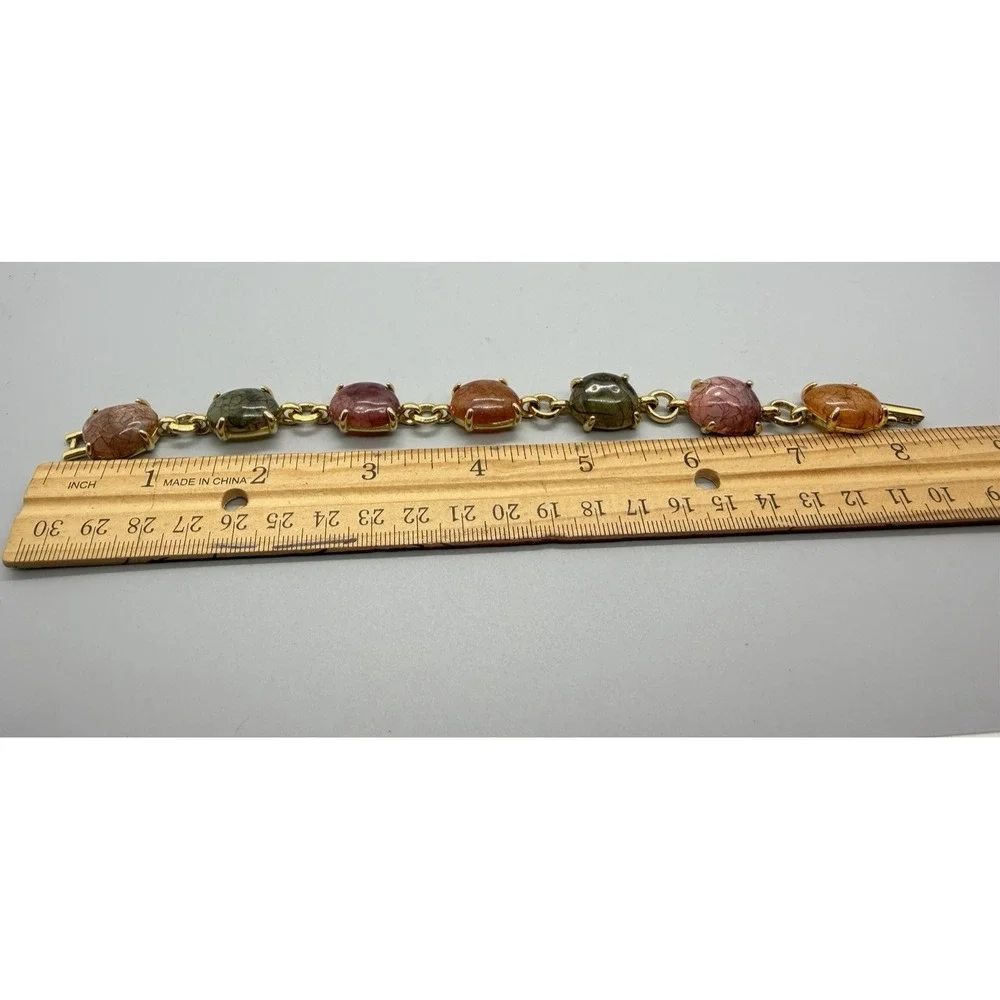 Liz Claiborne Acrylic Bracelet Gold Tone Link Multicolor Cabochon Chunky Vintage - Picture 6 of 13